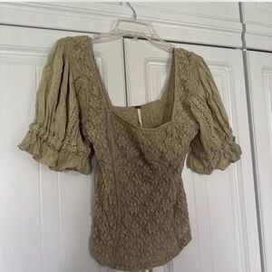 Free People Sage Lace Puff Sleeve Blouse